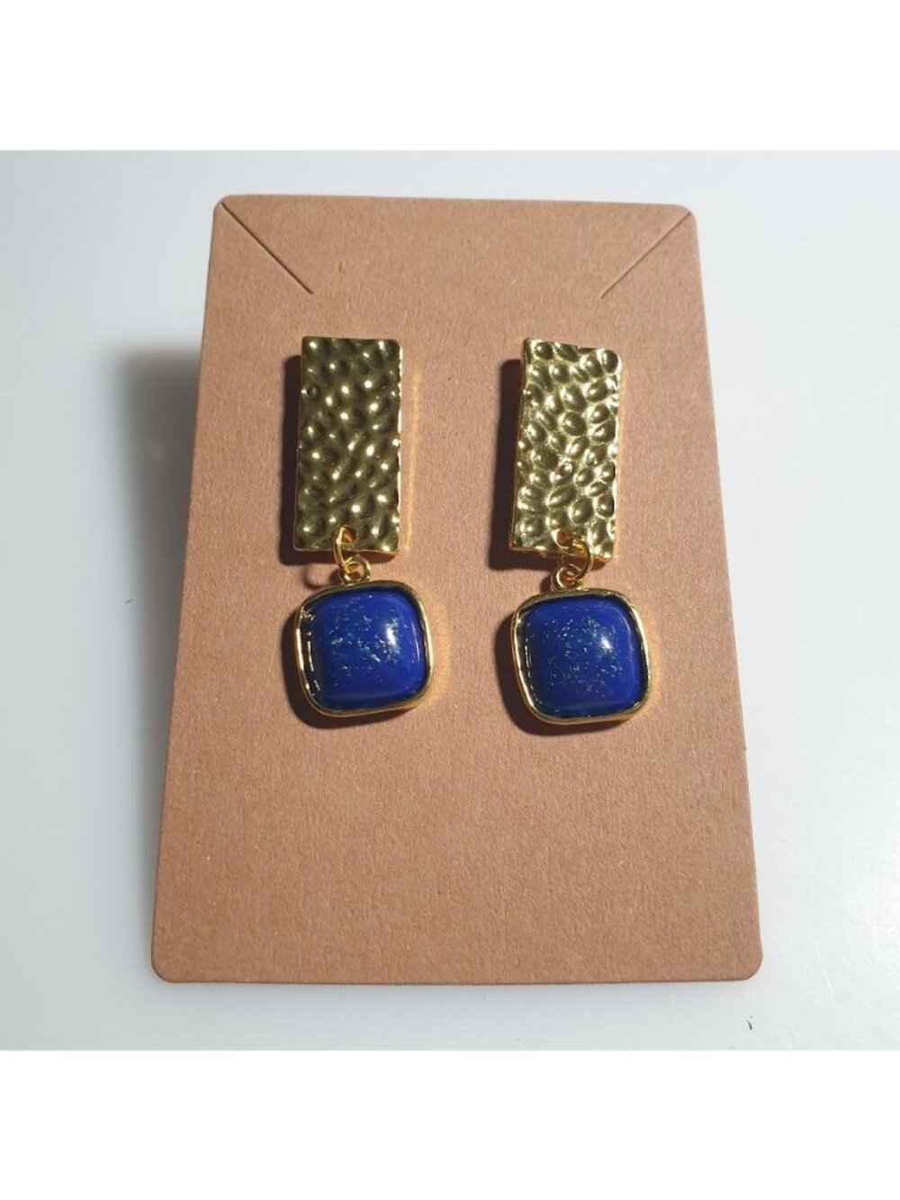 Gold Hammered Metal Blue Square Stone Dangle Earrings Elegant Statement Jewelry